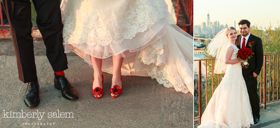 bride and groom shoes and portrait on rooftop in Brooklyn