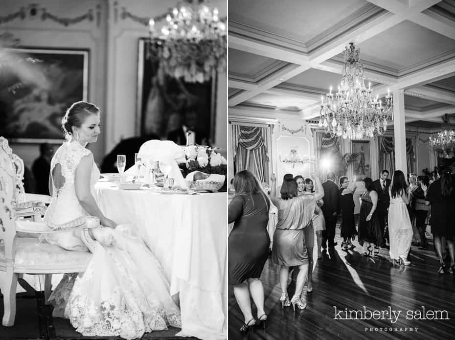 bride at sweetheart table at Grand Prospect Hall - wedding guests dance