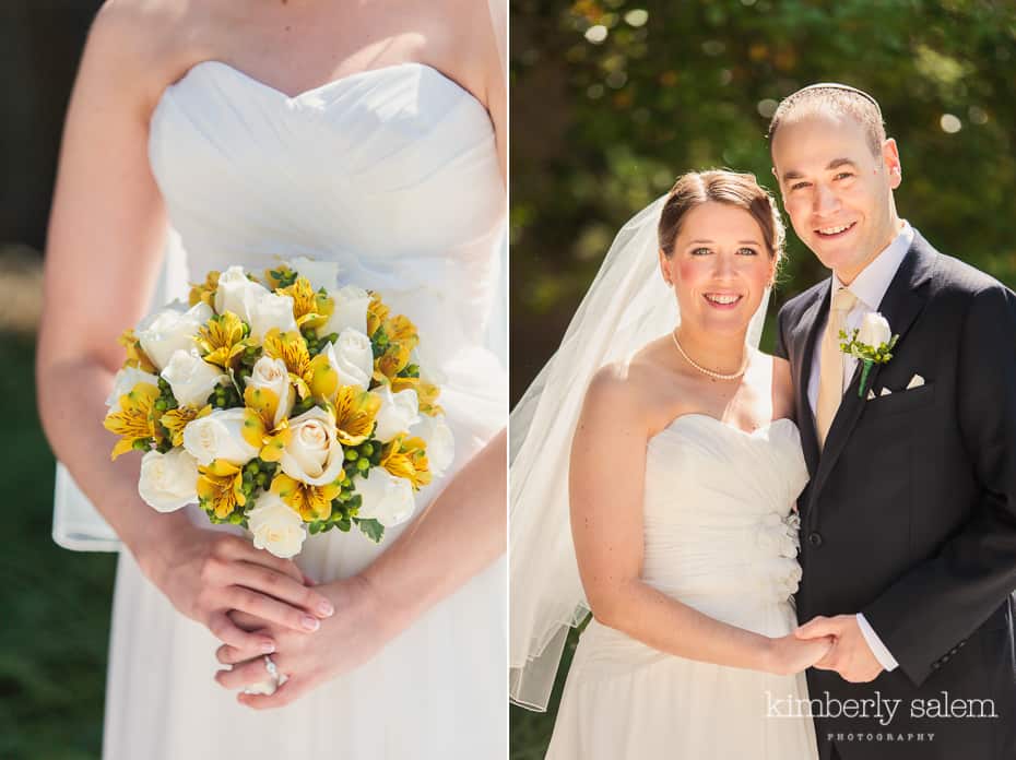 bridal bouquet and bride and groom portrait