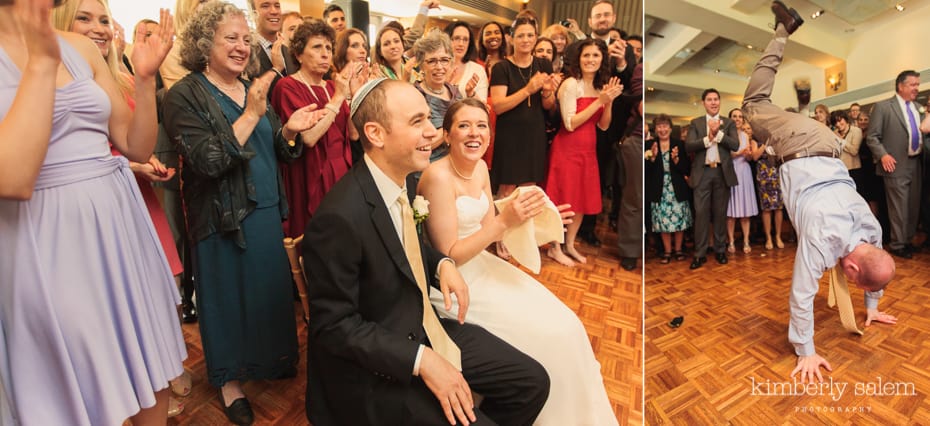 bride and groom watch wedding guest breakdancing