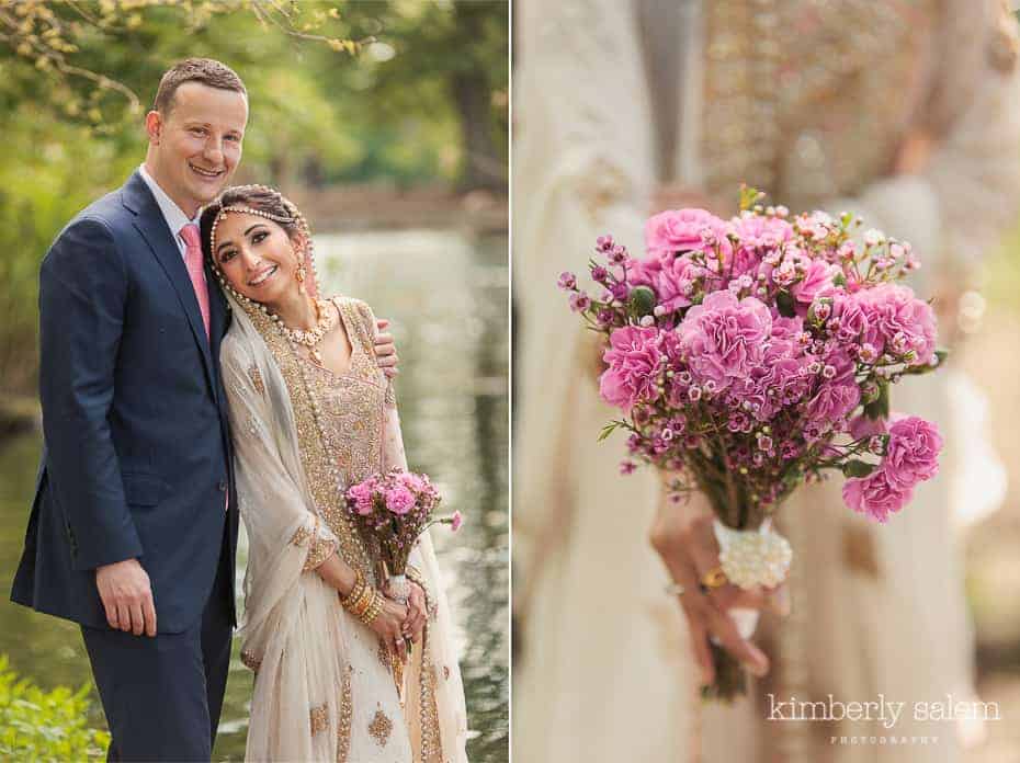 bride and groom portrait diptych with pink carnation bouquet