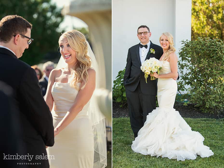 Bride and groom portrait and during ceremony diptych