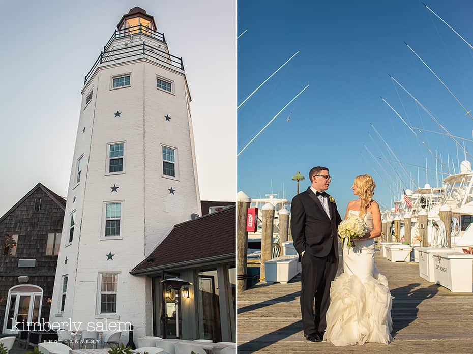 Montauk Yacht Club lighthouse diptych with bride and groom by boats