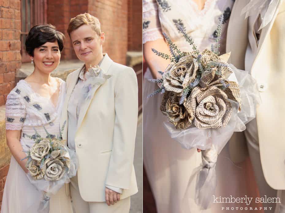 Portrait of brides and detail of handmade bouquet made of books