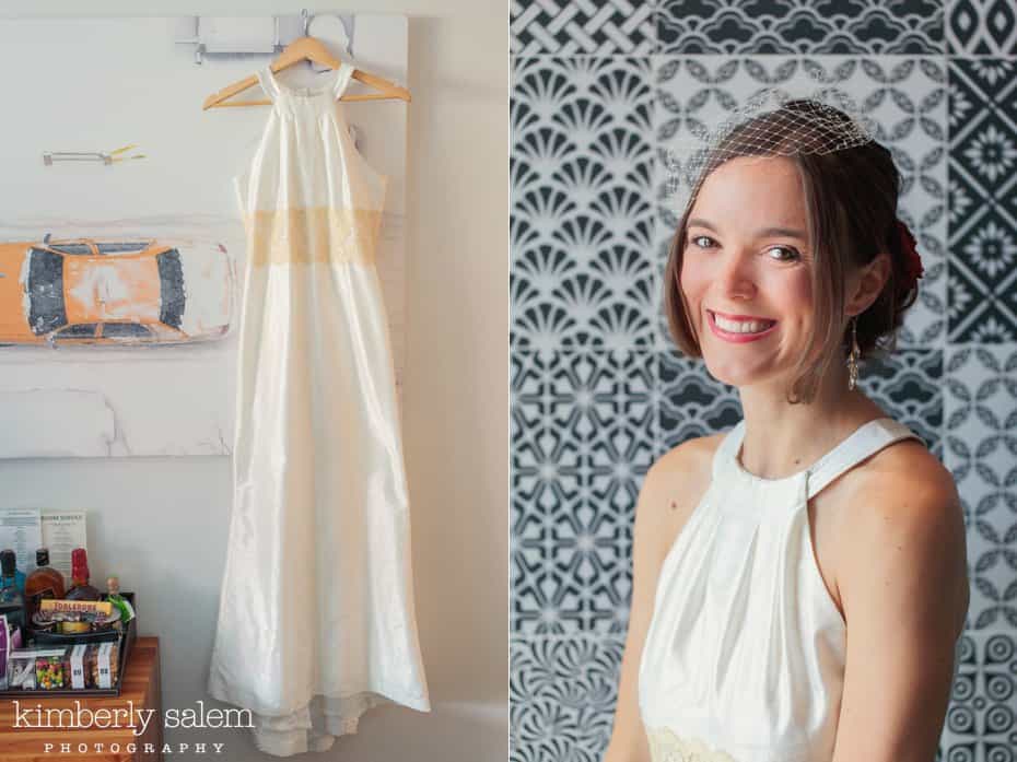 detail of bridal gown and smiling bridal portrait