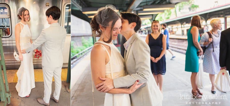 first look of the two brides on the Prospect Park subway platform