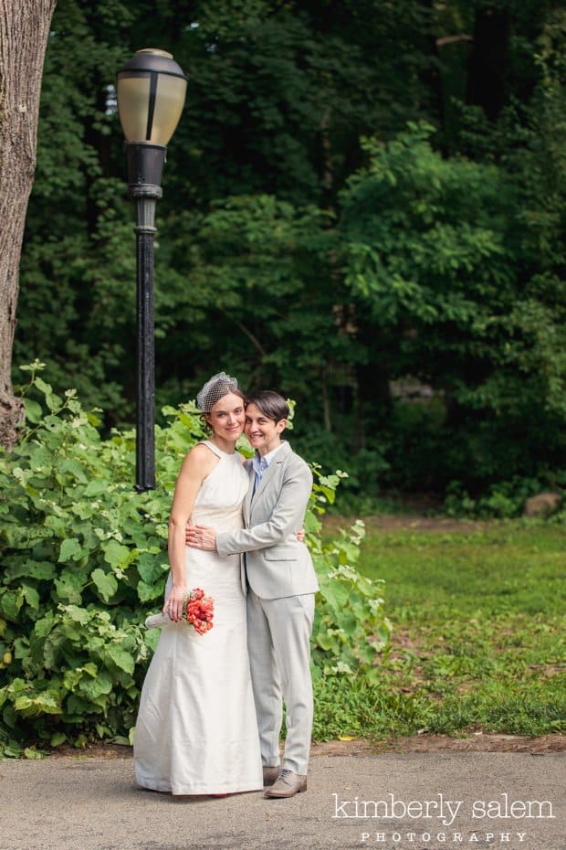 portrait of two brides in prospect park