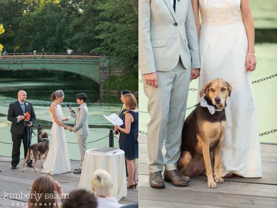 two brides - wedding ceremony at prospect park boathouse and detail with their dog