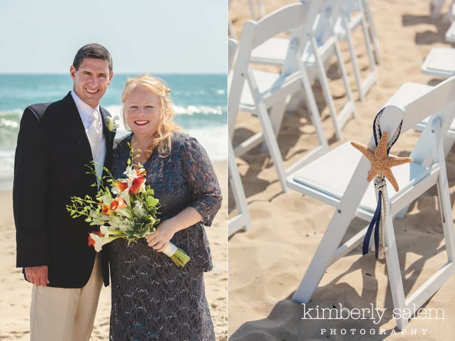 bride in grey lace dress and groom with detail of beach ceremony chair and starfish