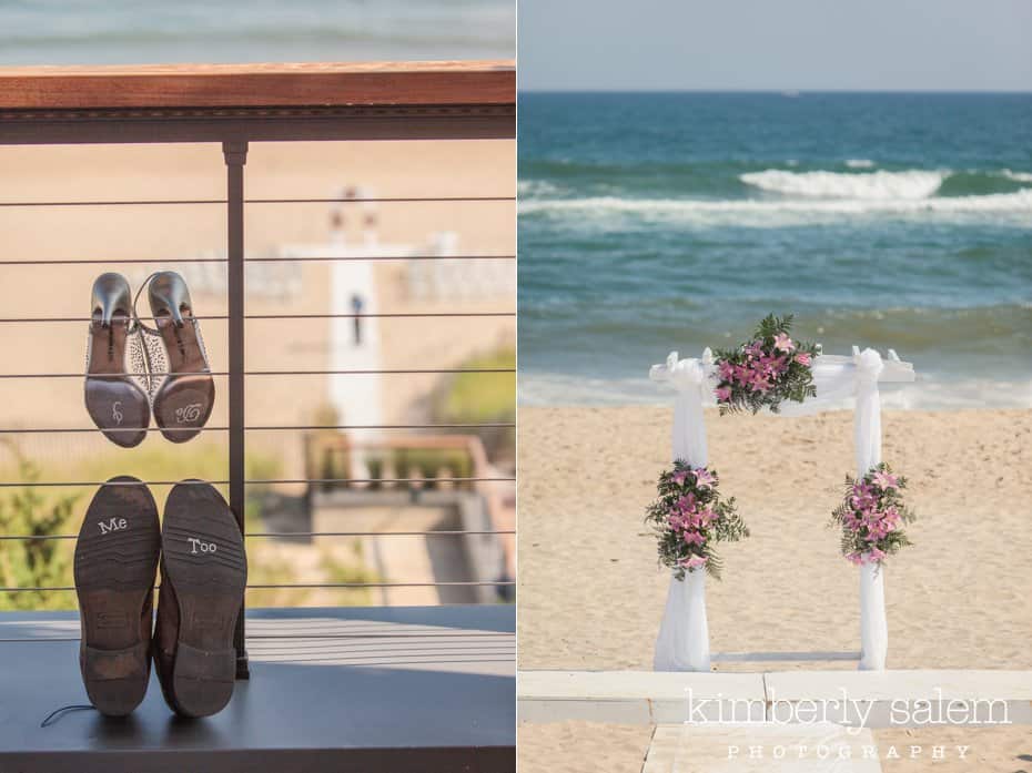 ceremony trellis detail and wedding shoes by the beach