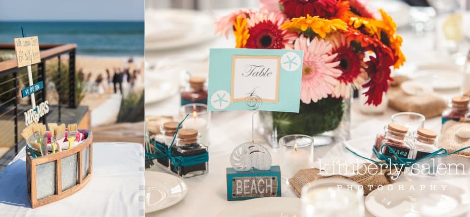 beach themed wedding details - flowers and table numbers