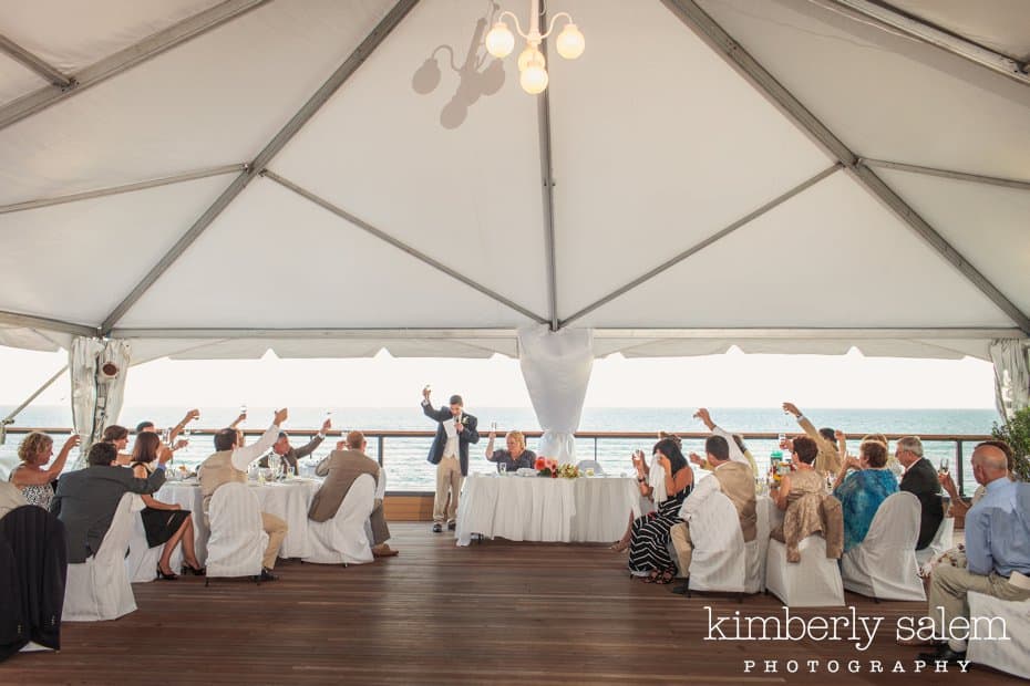 wedding guests raise their glasses in a toast at the reception