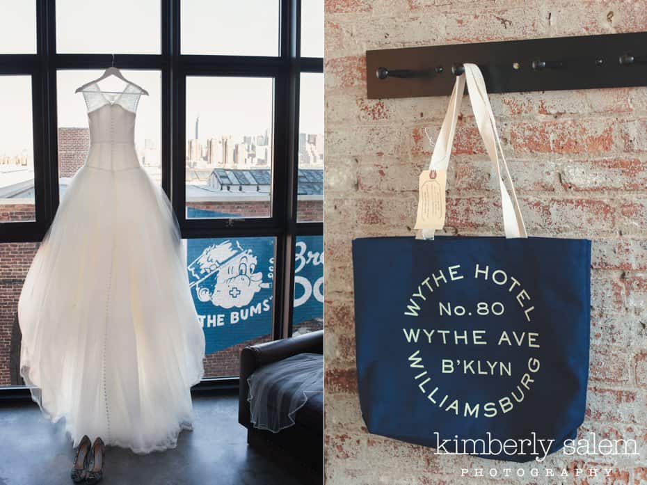 Wedding gown detail with shoes and Wythe Hotel tote bag