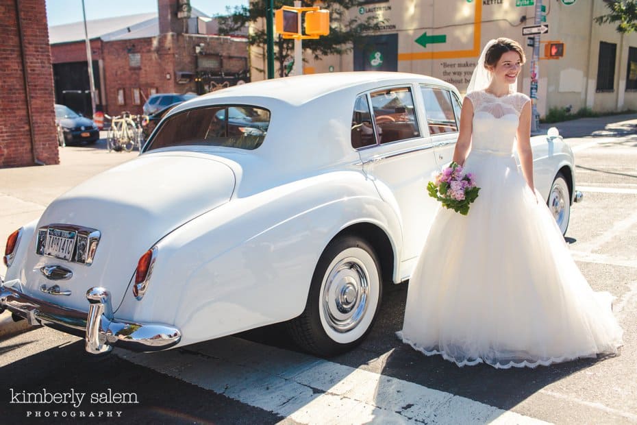 Bride with white Rolls Royce by the Brooklyn Brewery