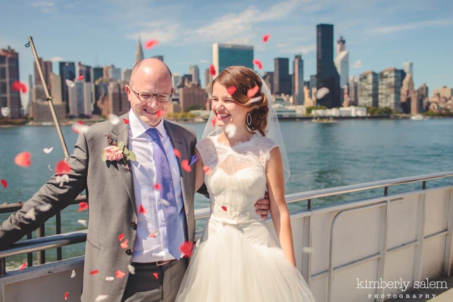 Bride and Groom with confetti on the East River Ferry