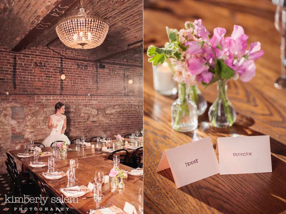 Bride looks over the reception decor at Reynard in the Wythe Hotel