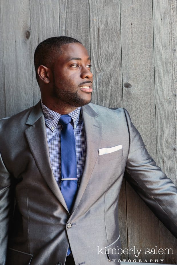 groom portrait - grey suit and blue tie