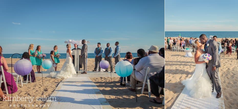 beach ceremony at Gurney's Inn - bride and groom kiss