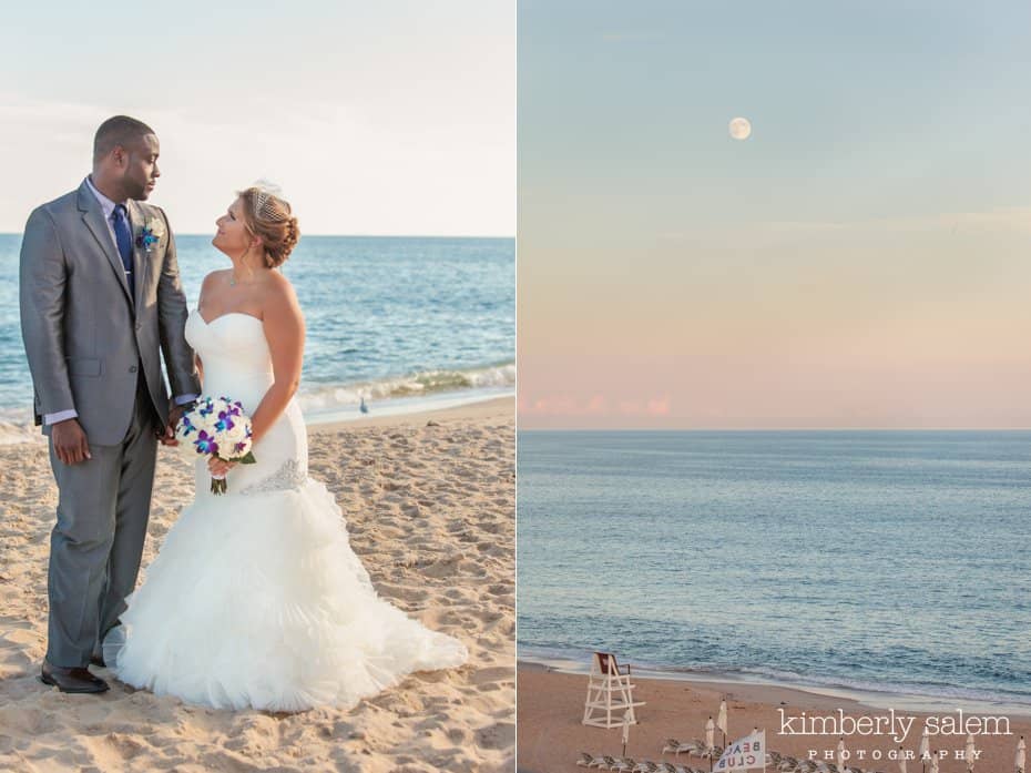 bride and groom portrait on the beach and sunset with moon in the sky at Gurney's Inn