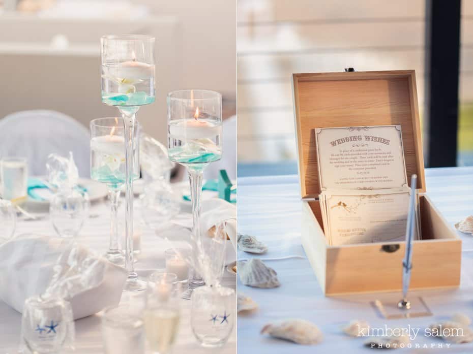 reception table details - white and blue - wedding wishes card box