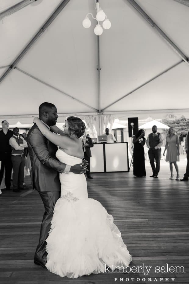 bride and groom first dance under the tent at Gurney's Inn