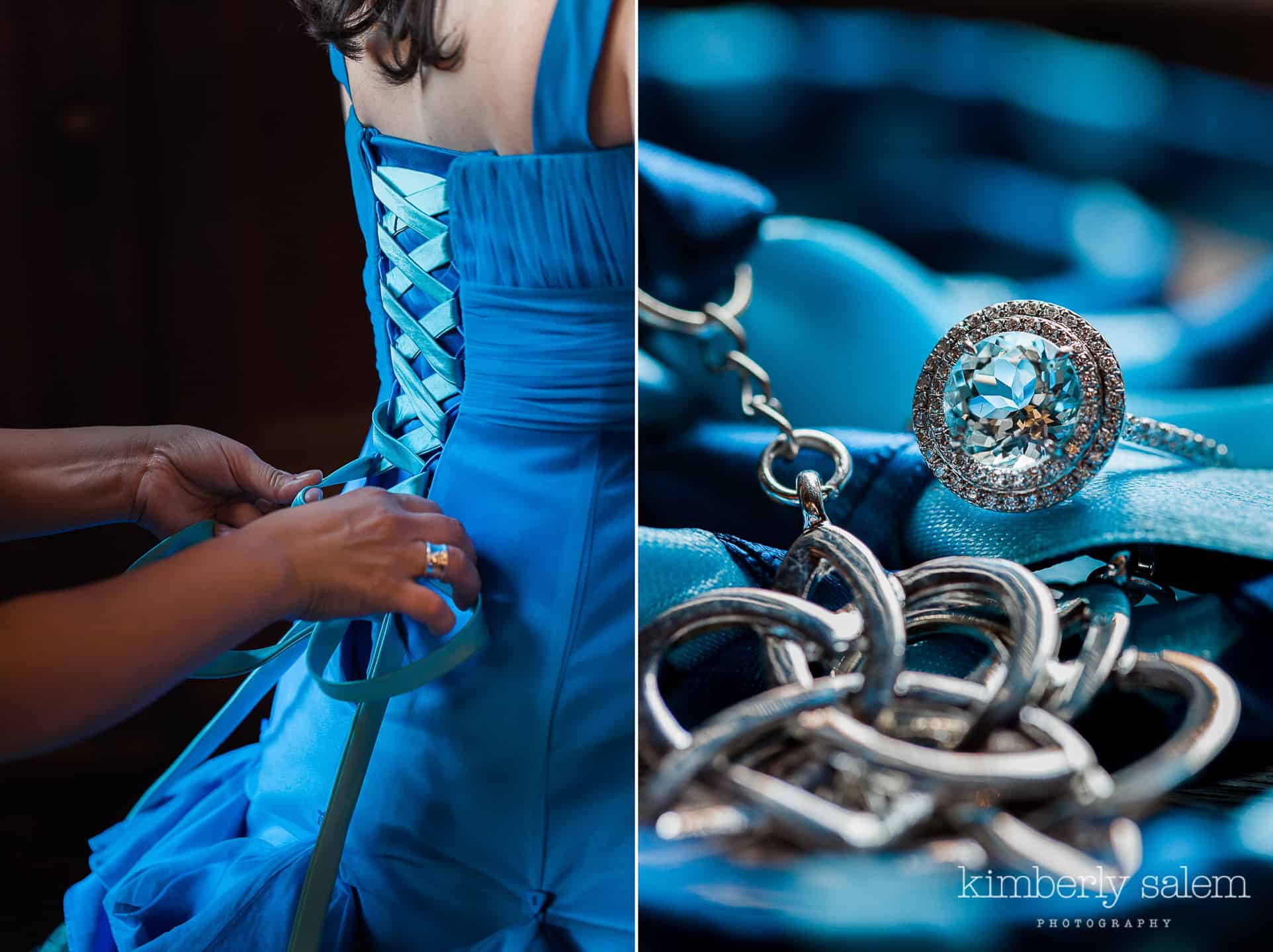 wedding dress detail - lacing up the back - and sapphire wedding ring with celtic knot