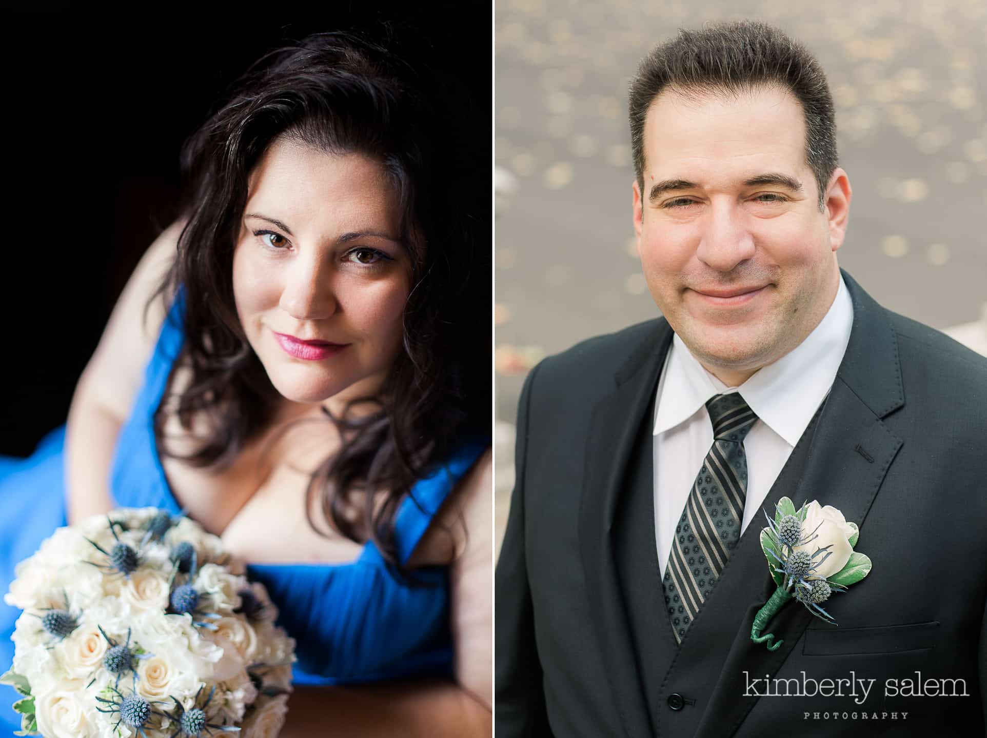 bride with blue dress and groom individual portraits