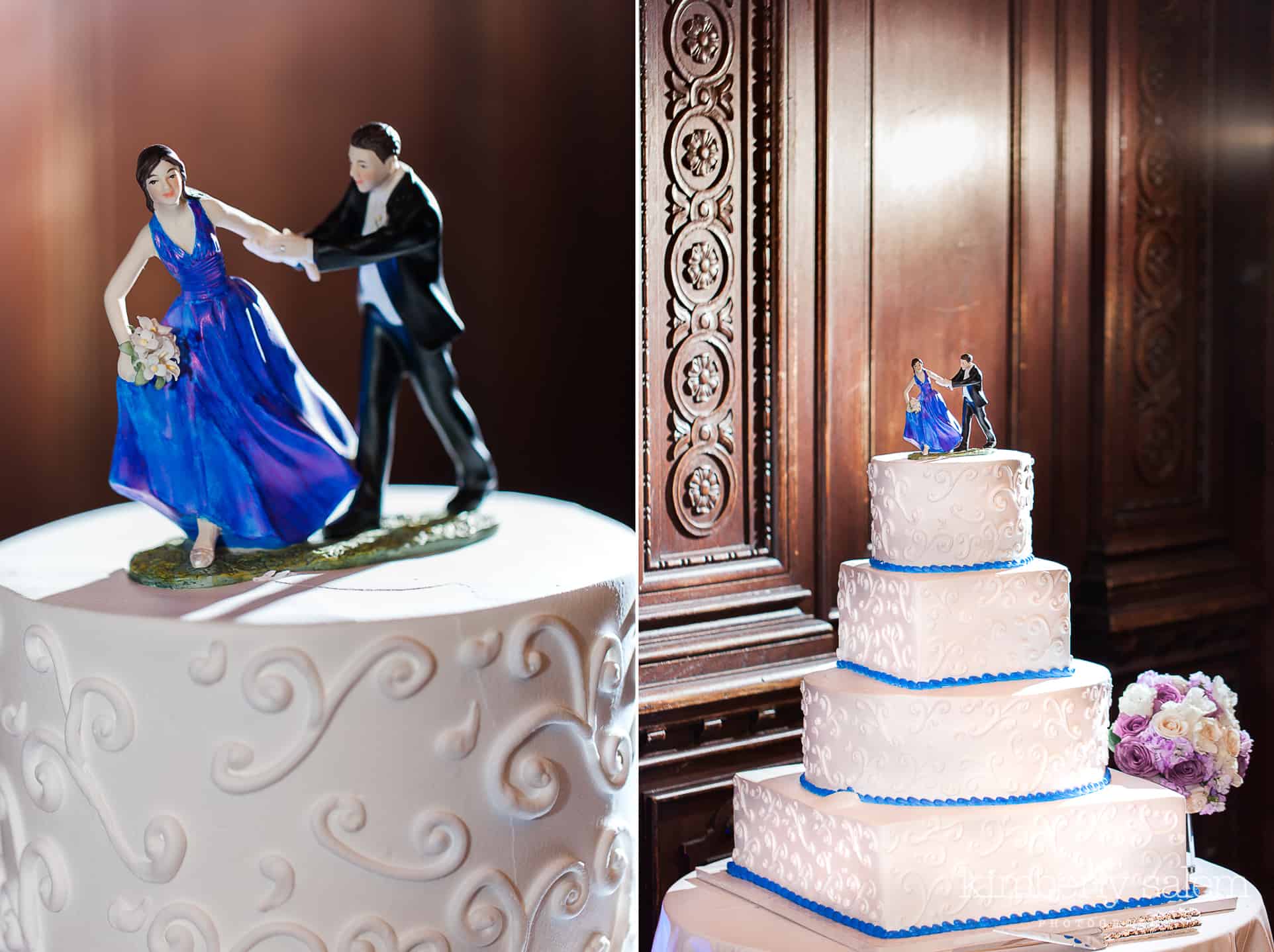 Wedding cake at Reid Castle with blue dress topper